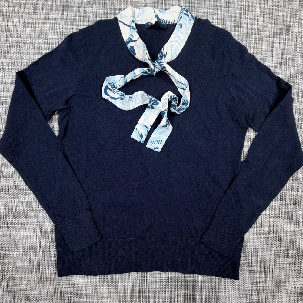 Brooks Brothers Women Navy Cotton Sweater Blue White Printed Tie Collar Size M